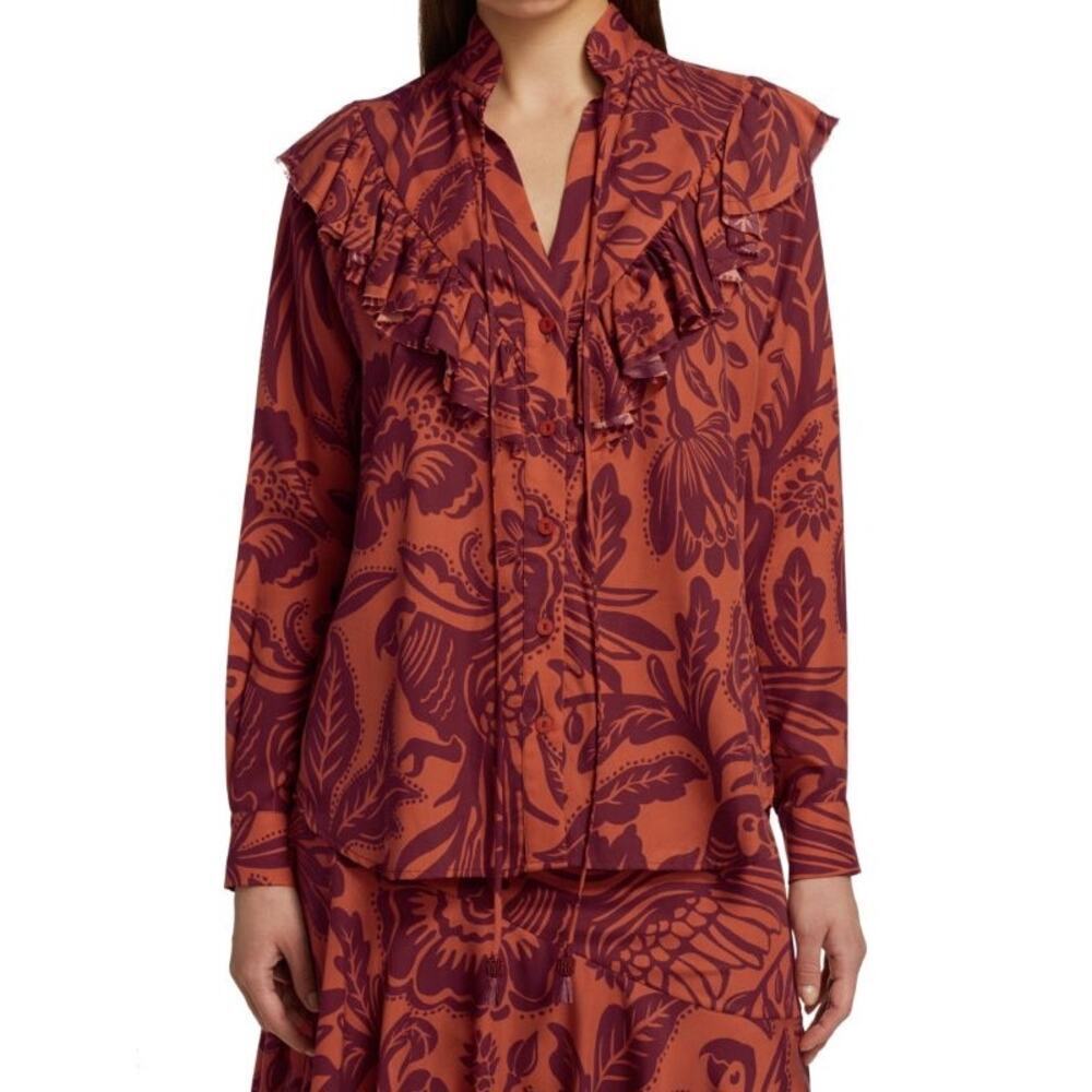 Johanna Ortiz Dreams Of Orient Ruffle Bib Blouse Red Orange Size 4 - Picture 6 of 16